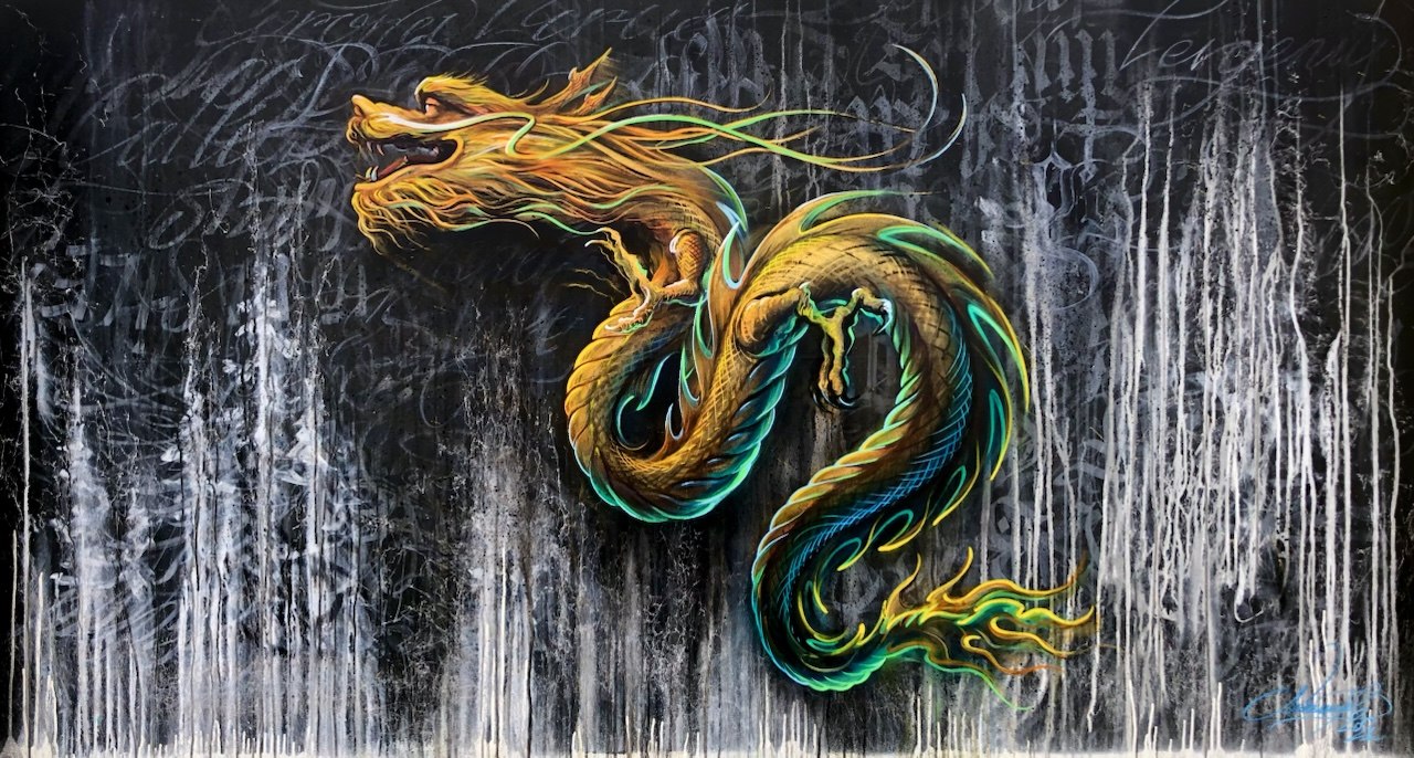 Dragon, with calligraphy — Mixed media on canvas