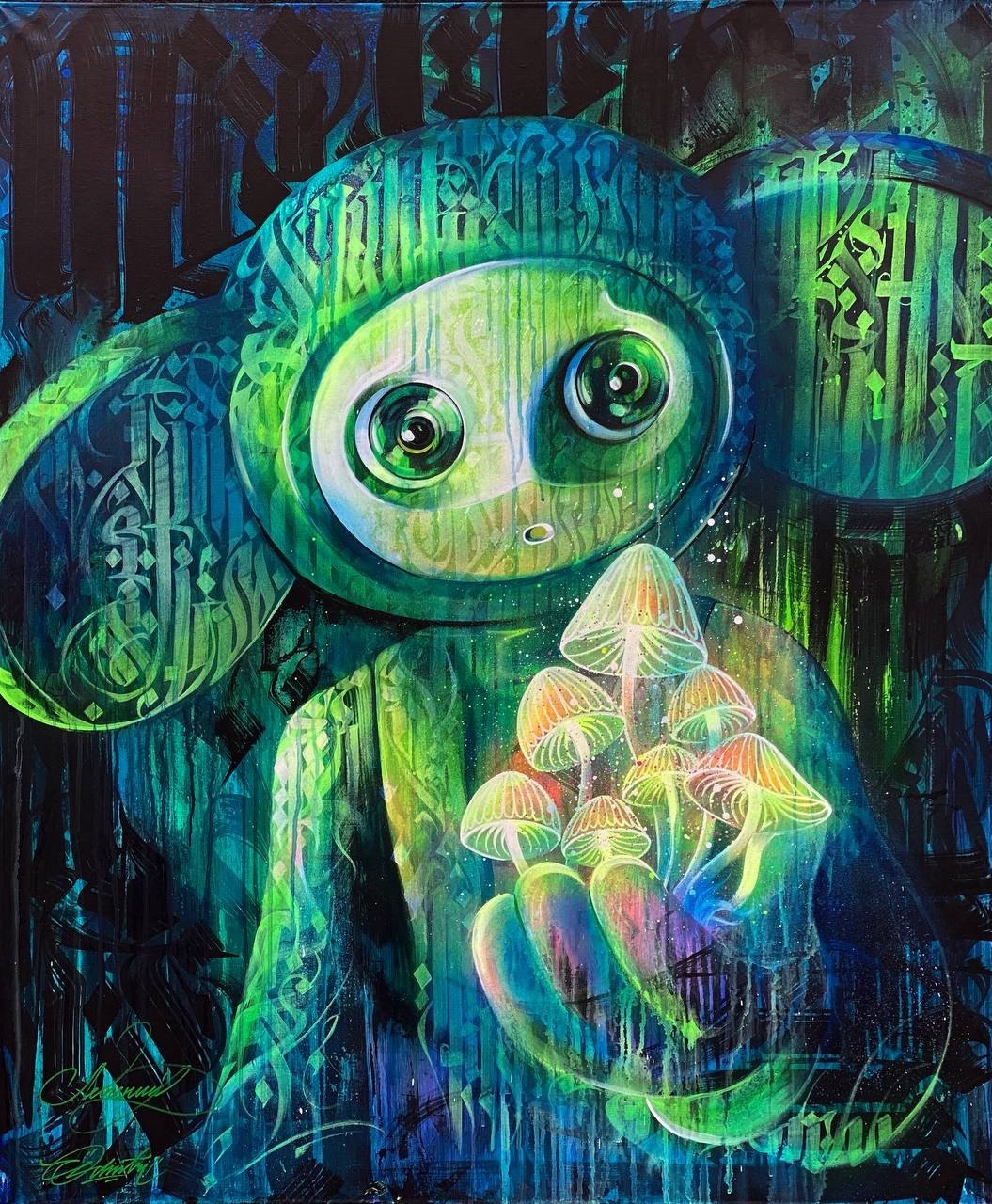 Spirit with mushrooms — Mixed media on canvas